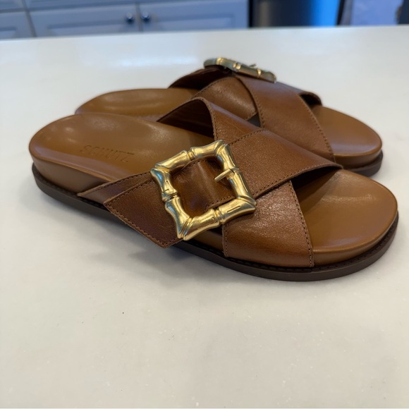 SCHUTZ Enola Crisscross Buckle CAMEL Leather Sandals Slides Women's 7 NEW! - Picture 10 of 10
